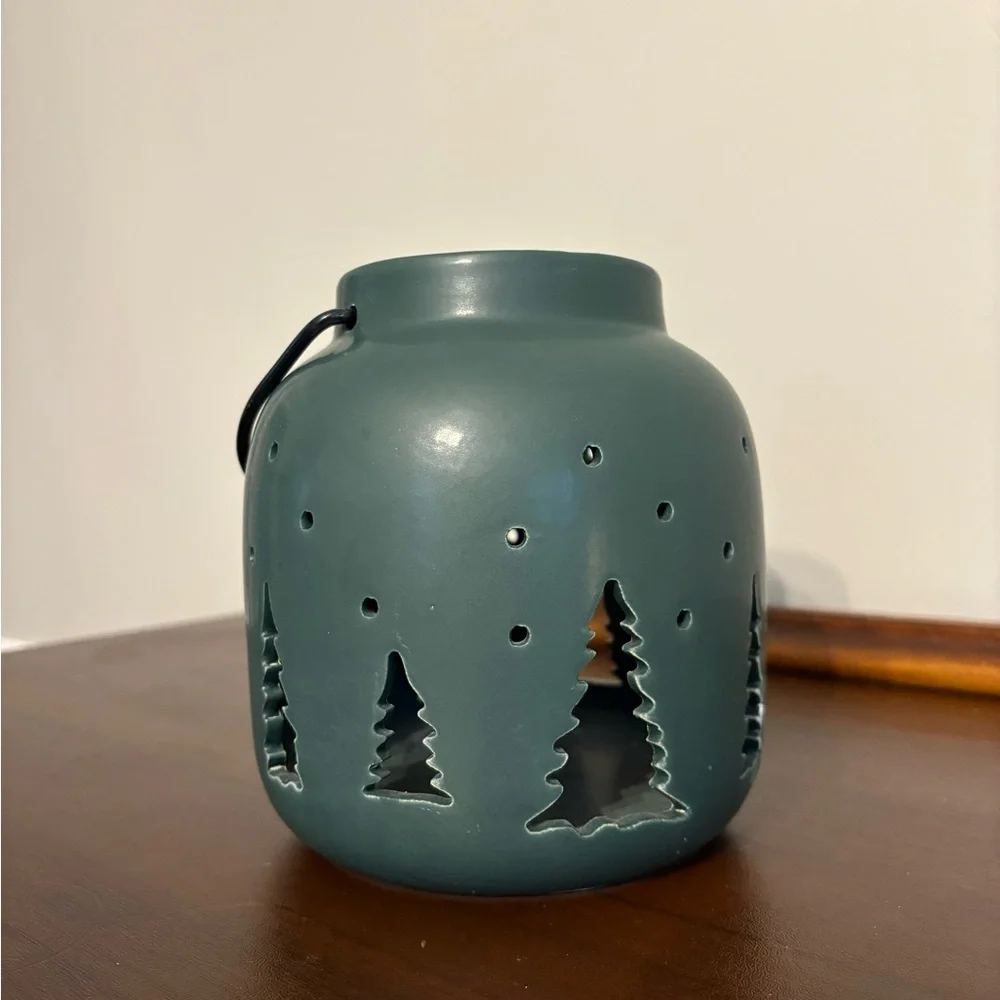 Green Ceramic Lantern Candle Holder with Tree Cutouts Holiday Winter Decor